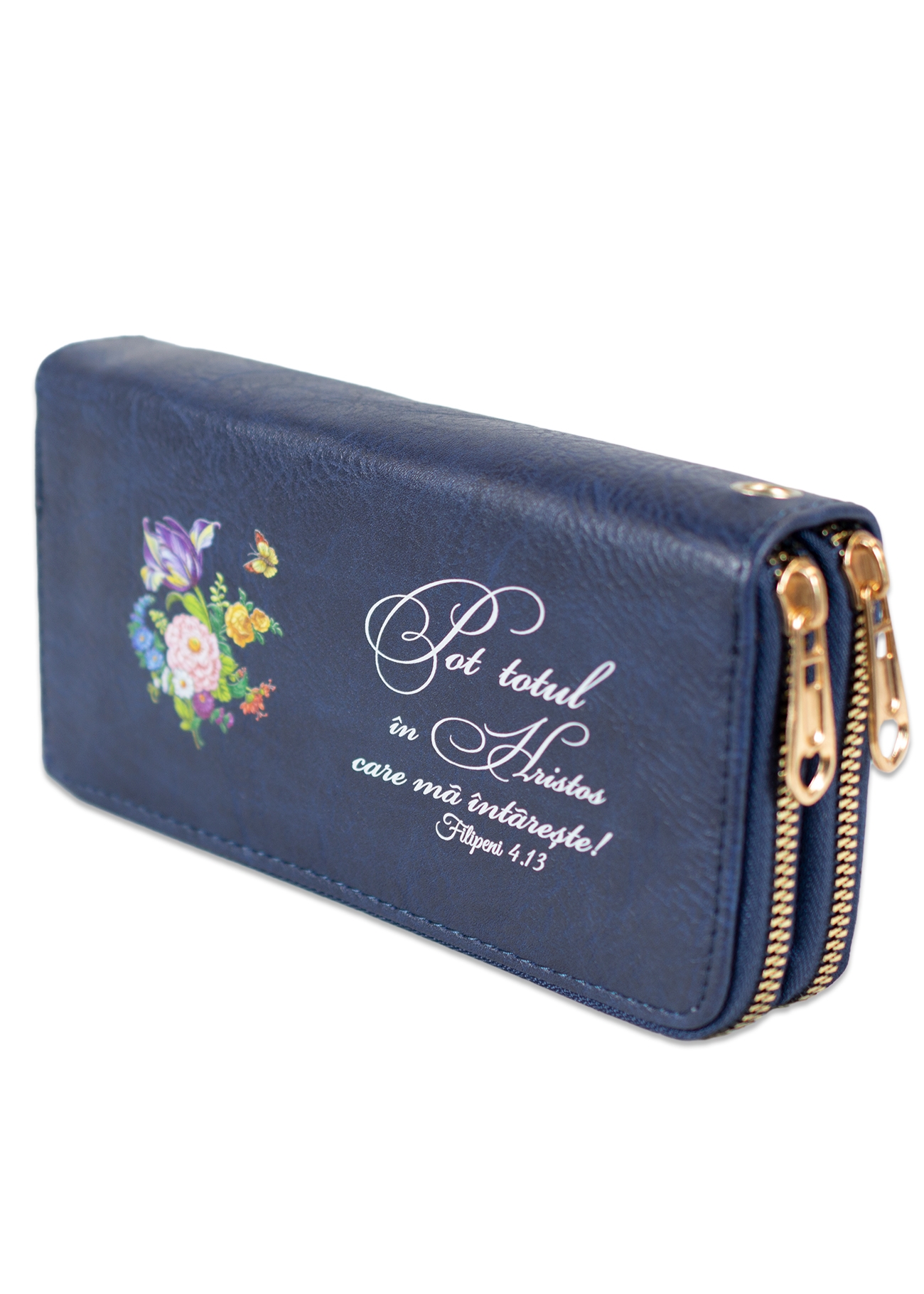 Portofel damă, 2 fermoare, bleumarin, cu imprimeu "Pot totul in Hristos care ma intareste ! " Portofel damă, 2 fermoare, bleumarin, cu imprimeu "Pot totul in Hristos care ma intareste ! "