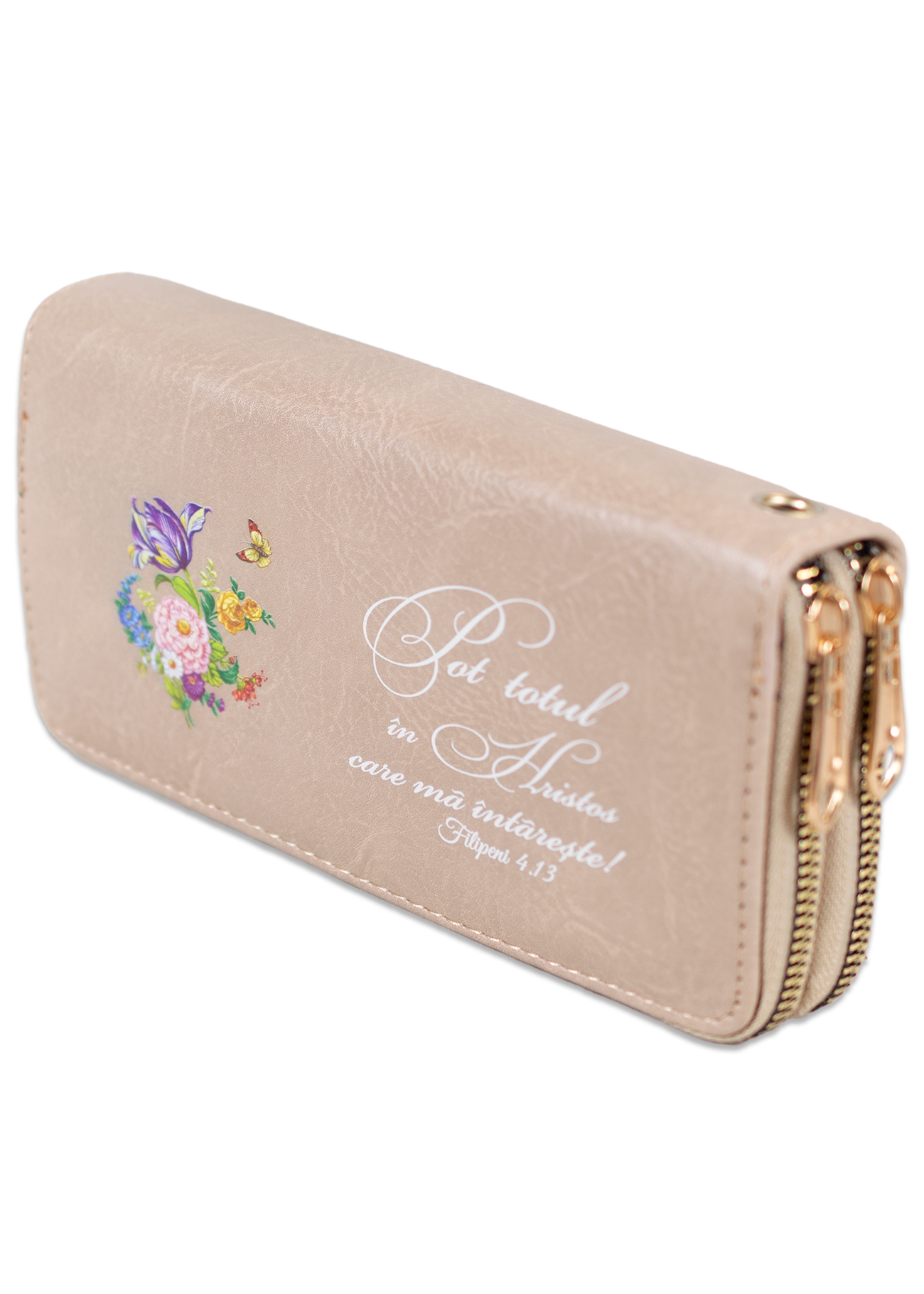 Portofel damă, 2 fermoare, crem, cu imprimeu "Pot totul in Hristos care ma intareste ! " Portofel damă, 2 fermoare, crem, cu imprimeu "Pot totul in Hristos care ma intareste ! "