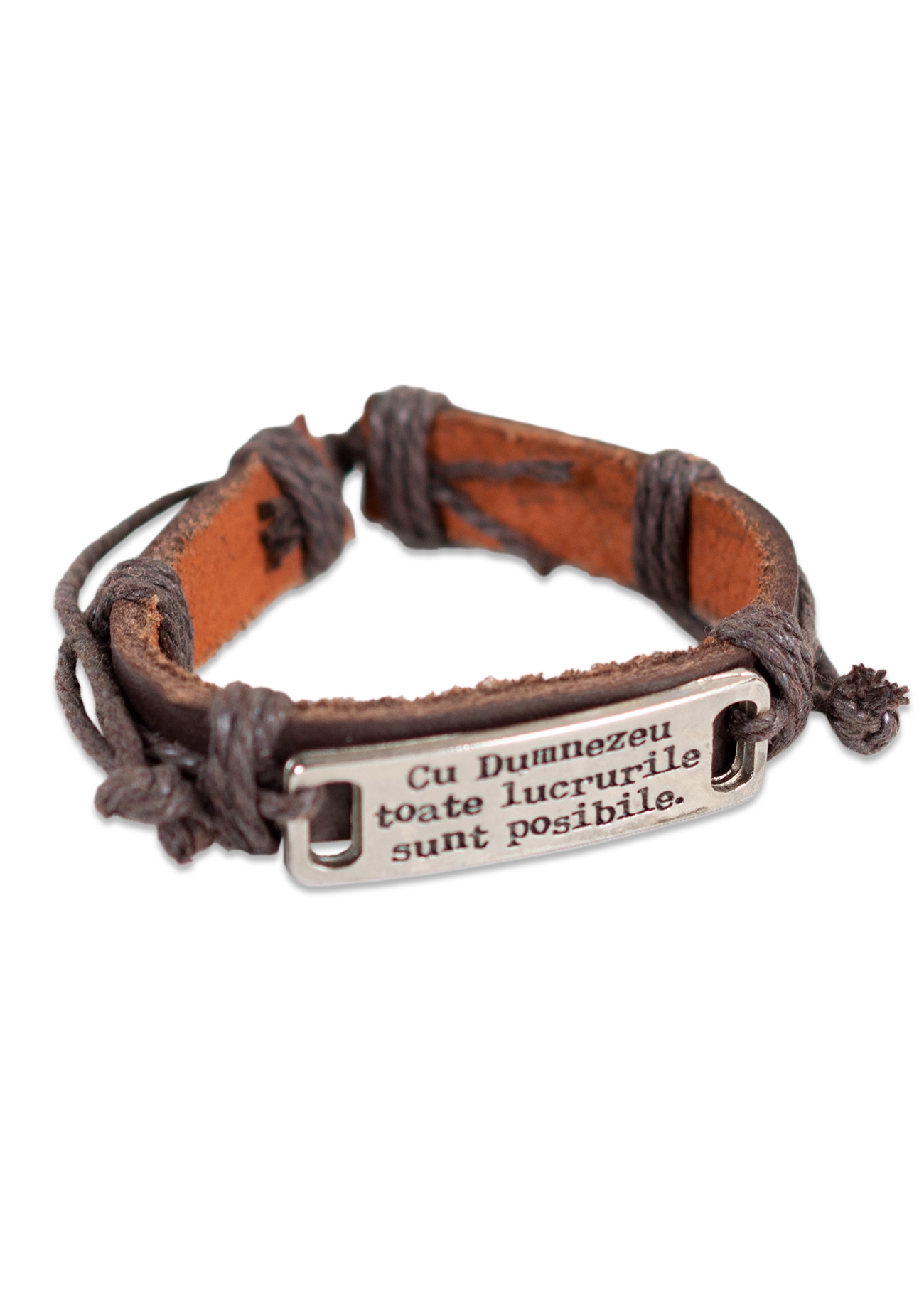 Bratara din piele maro inchis - " Cu Dumnezeu toate lucrurile sunt posibile " Bratara din piele maro inchis - " Cu Dumnezeu toate lucrurile sunt posibile "