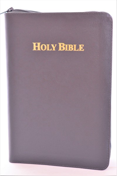 Biblia in limba engleza, King James Version, marime mare, coperta din piele, gri inchis, cuv. lui Isus cu rosu