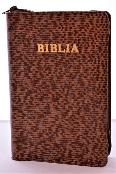 Biblia mare, din piele, culoare maro texturat, fermoar, margini aurii, simbol - simpla, cuv. lui Isus in rosu [ SB 073 PFR]