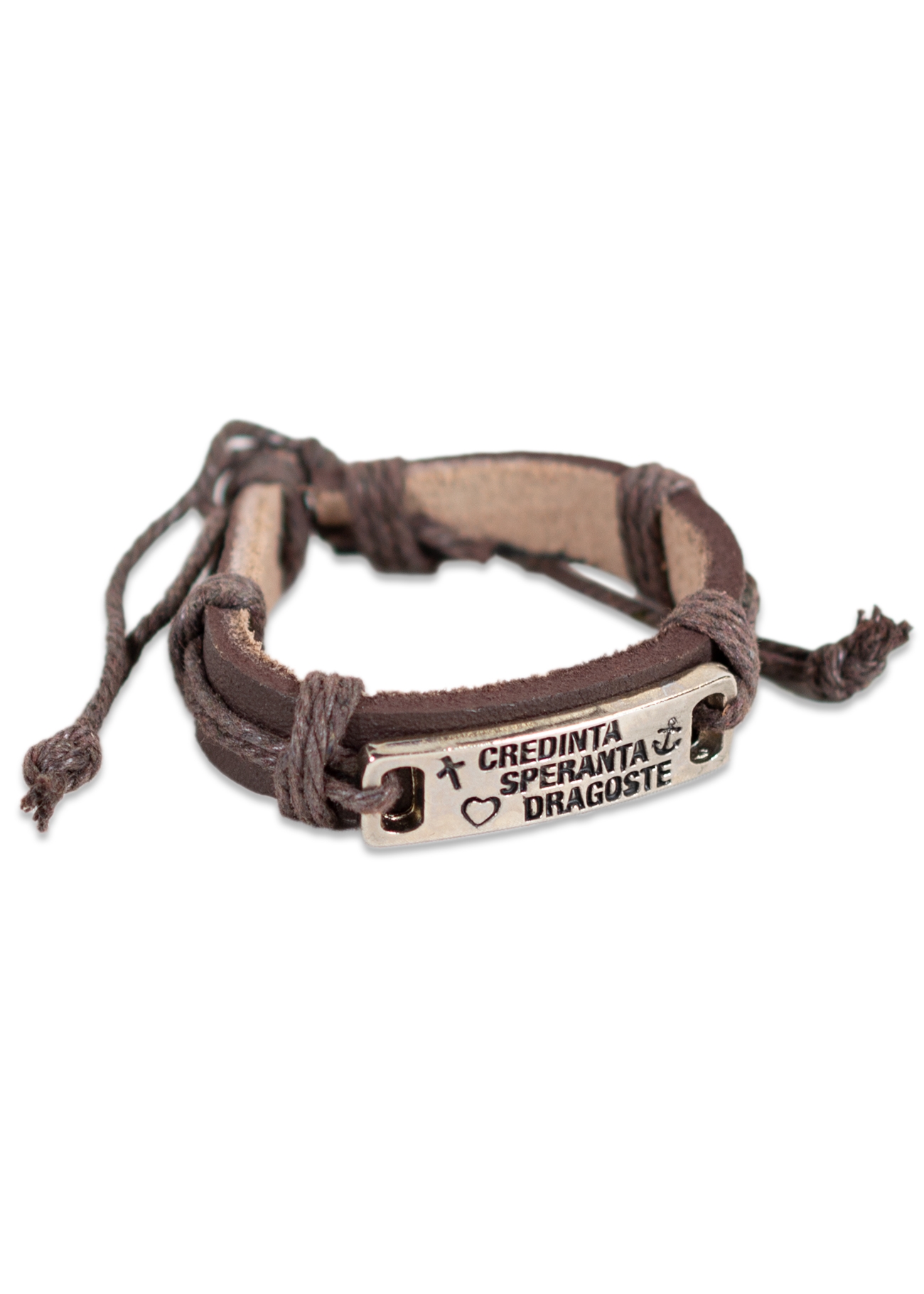 Bratara din piele maro inchis - " CREDINTA , SPERANTA, DRAGOSTE" Bratara din piele maro inchis - " CREDINTA , SPERANTA, DRAGOSTE"