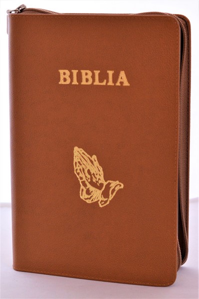 Biblia mare, din piele, culoare nuanta maro, fermoar, margini aurii, simbol - maini in ruga, cuv. lui Isus in rosu [ SB 073 PFR]