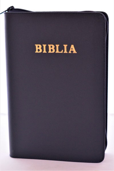 Biblia mare, din piele, culoare bleumaren, fermoar, margini aurii, simbol - simpla, cuv. lui Isus in rosu [ SB 073 PFR]