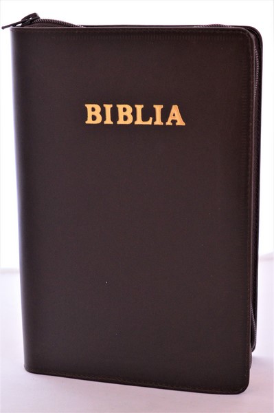 Biblia mare, din piele, culoare maro, fermoar, margini aurii, simbol - simpla, cuv. lui Isus in rosu [ SB 073 PFR]