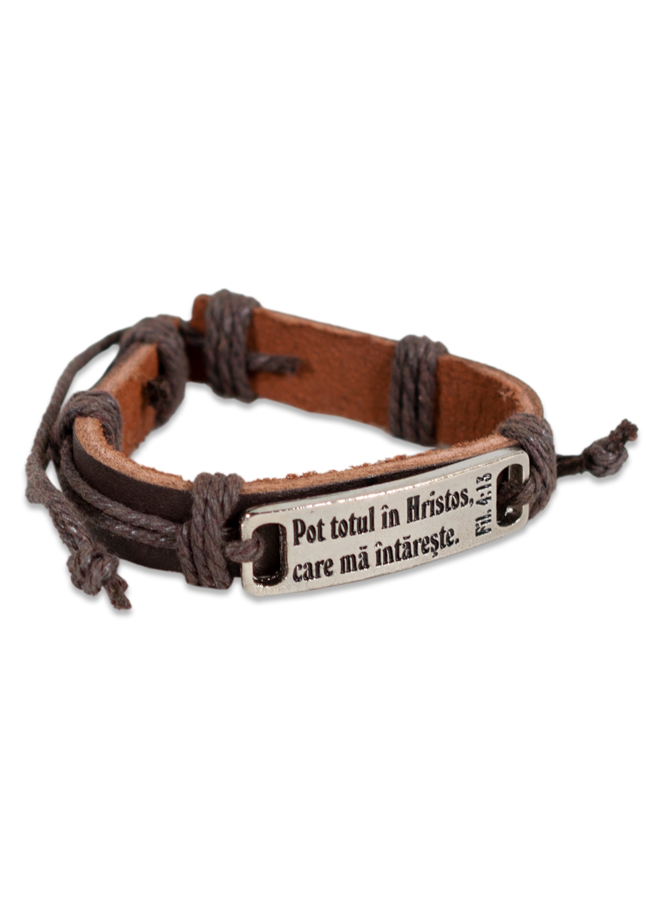 Bratara din piele maro inchis - "Pot totul in Hristos, care ma intareste" Bratara din piele maro inchis - "Pot totul in Hristos, care ma intareste"