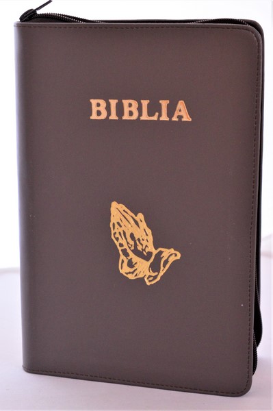Biblia mare, din piele, culoare maro, fermoar, margini aurii, simbol - maini in ruga, cuv. lui Isus in rosu [ SB 073 PFR]