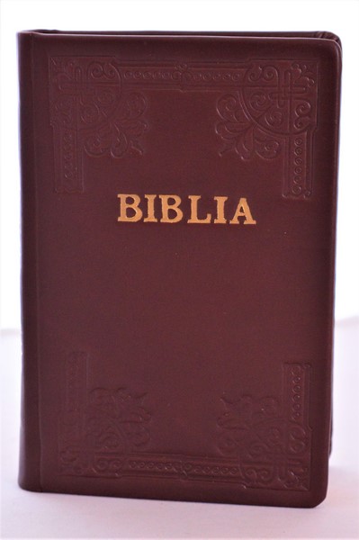 Biblia din piele, handmade, marime medie, visinie, margini aurii, cuv. lui Isus cu rosu [052 HM]