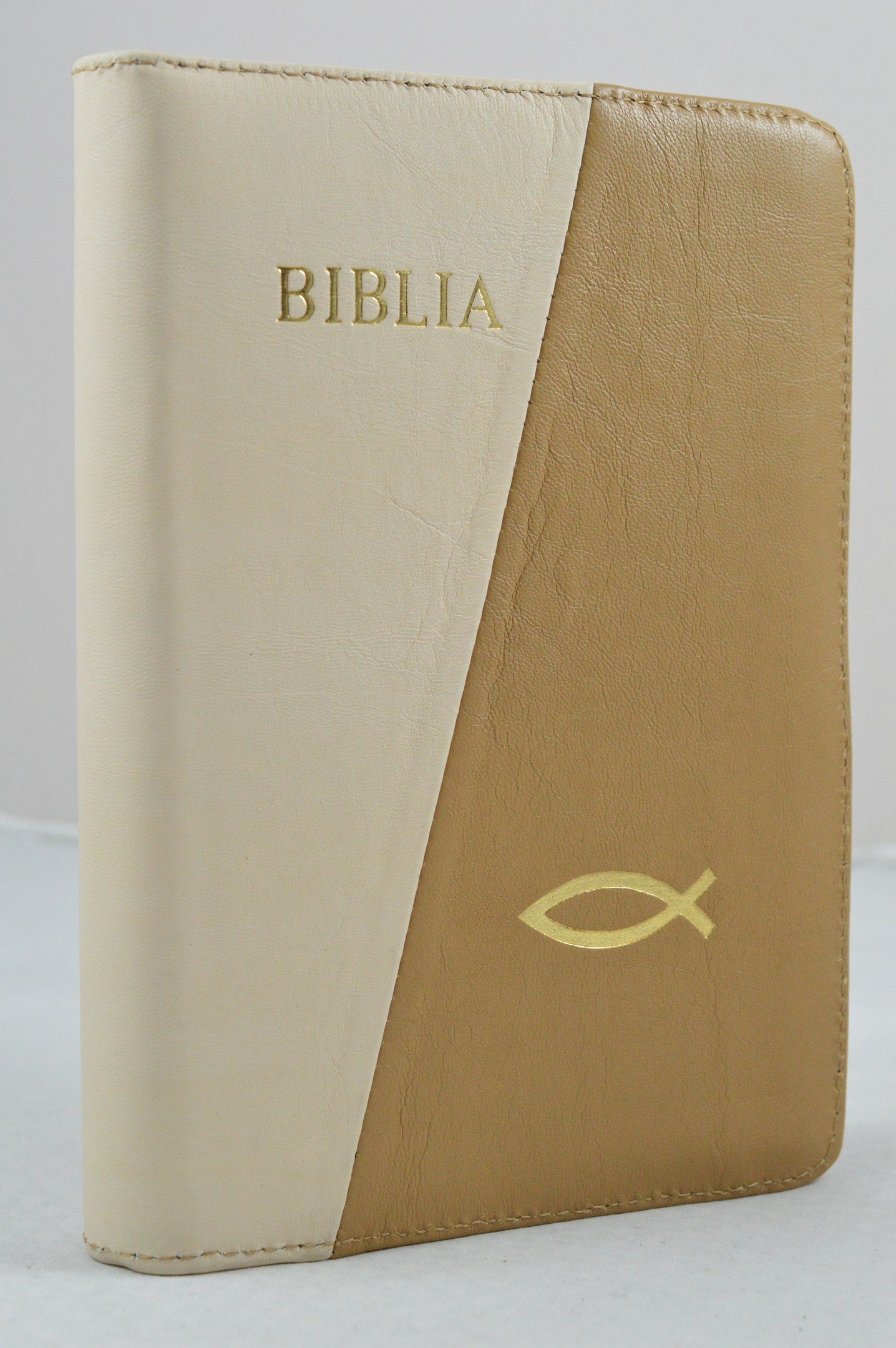 Biblia din piele, marime medie, crem/bej, fermoar, simbol peste, cuv. lui Isus cu rosu [053]