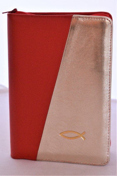 Biblia din piele, marime medie, rosu cu auriu sidefat fermoar, simbol peste, cuv. lui Isus cu rosu [053]