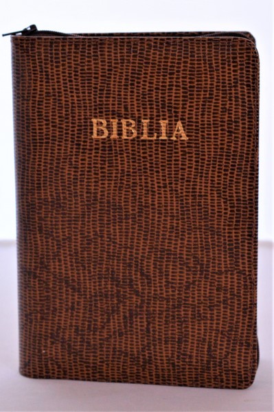 Biblia din piele, marime medie, maro texturat, fermoar, cuv. lui Isus cu rosu [053]