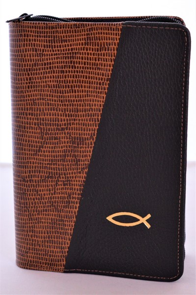 Biblia din piele, marime medie, maro texturat cu maro brun fermoar, simbol peste, cuv. lui Isus cu rosu [053]