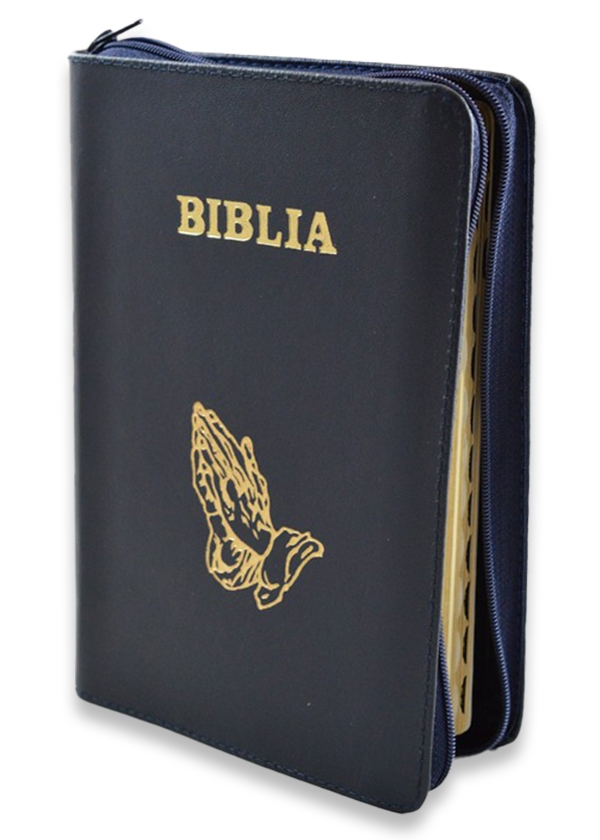 Biblie din piele, marime medie, bleumarin, fermoar, index,simbol maini in ruga margini aurii, cuv. lui Isus cu rosu [SB 057 PFI]