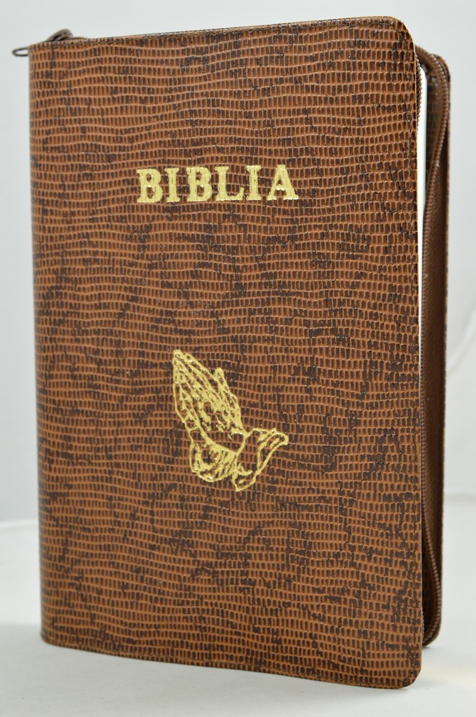 Biblia mare, din piele, culoare maro texturat, fermoar, margini aurii, simbol - maini in ruga, cuv. lui Isus in rosu [ SB 073 PFR]
