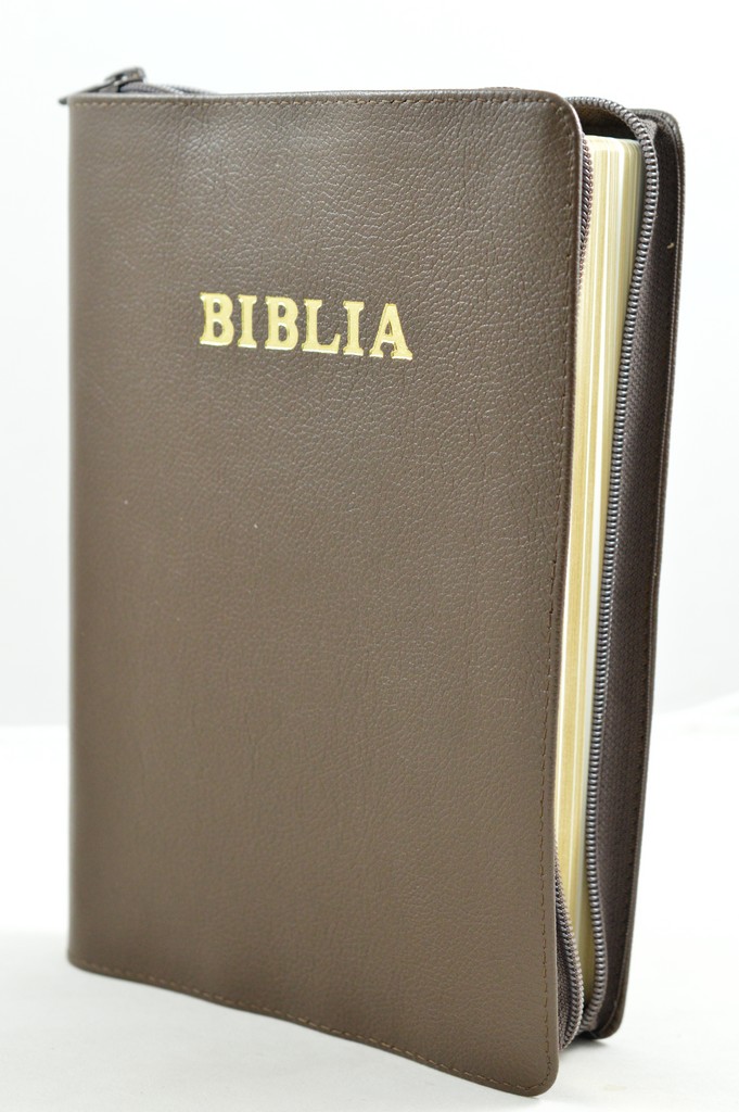 Biblia mare, din piele, culoare maro inchis, fermoar, margini aurii, simbol - simpla, cuv. lui Isus in rosu [ SB 073 PFR]