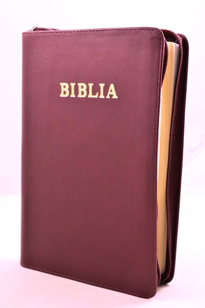 Biblie din piele,marime mica, culoare, vișiniu, fermoar, margini albe, cuv. lui Isus in rosu [043 PF]