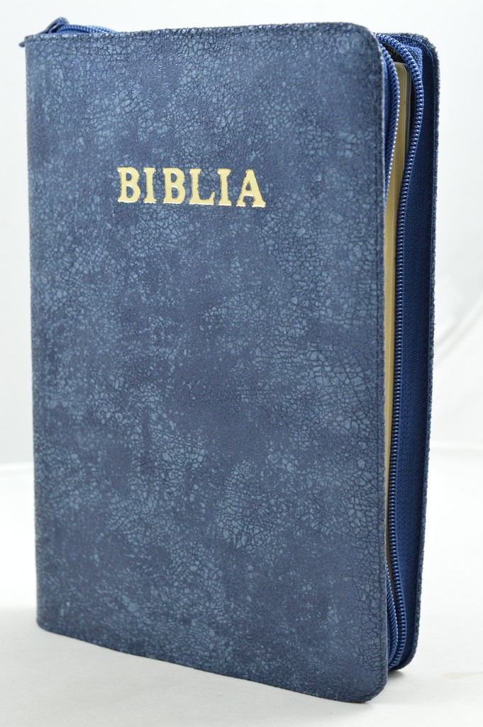 Biblia mare, din piele, culoare nuanta bleumarin, fermoar, margini aurii, simbol - simpla, cuv. lui Isus in rosu [ SB 073 PFR]