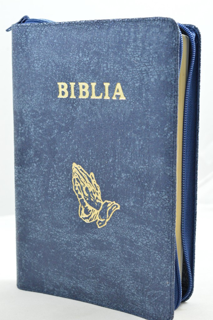 Biblia mare, din piele, culoare nuanta bleumarin, fermoar, margini aurii, simbol - maini in ruga, cuv. lui Isus in rosu [ SB 073 PFR]