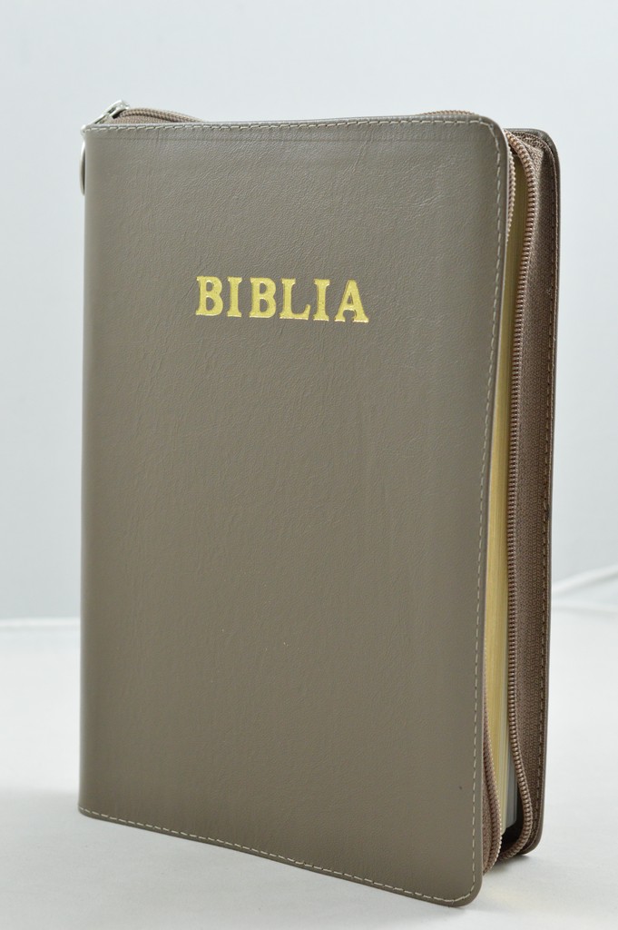 Biblia mare, din piele, culoare nuanta maro, fermoar, margini aurii, simbol - simpla, cuv. lui Isus in rosu [ SB 073 PFR]