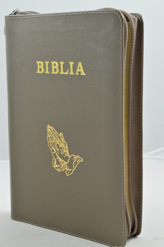 Biblia mare, din piele, culoare nuanta maro, fermoar, margini aurii, simbol - maini in ruga, cuv. lui Isus in rosu [ SB 073 PFR]