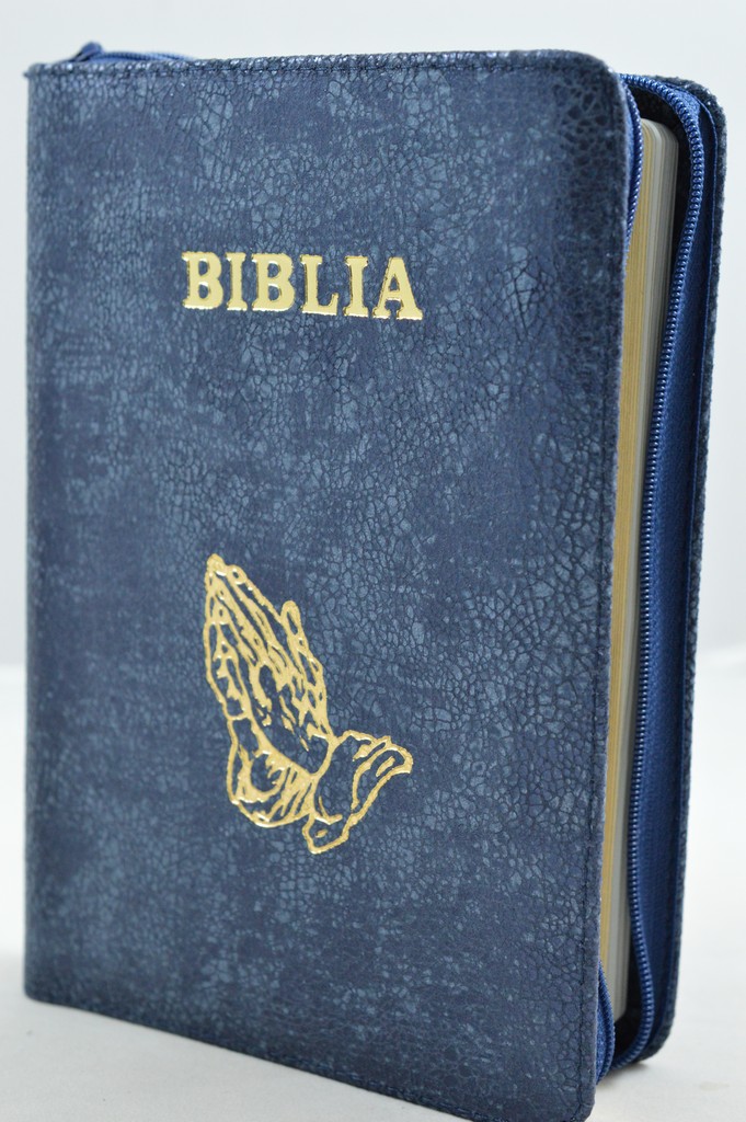 Biblia din piele, medie, nuanta bleumarin, margini aurii, fermoar,  simbolul maini in ruga, cuv. lui Isus cu rosu [052]