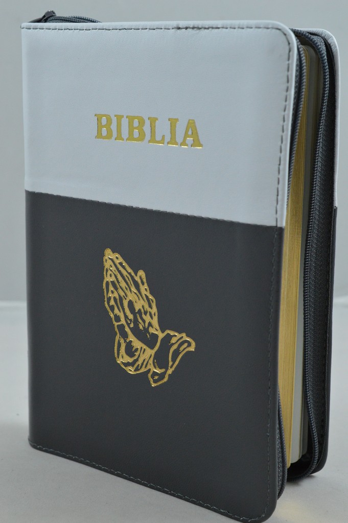 Biblia din piele, medie, alb/ gri , margini aurii, fermoar,  simbolul maini in ruga, cuv. lui Isus cu rosu [052]