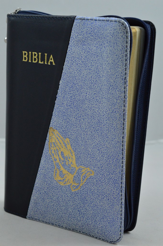 Biblia din piele, marime medie, bleumarin inchis cu nuanta de bleumarin deschis , margini aurii, fermoar, simbol maini in ruga, cuv. lui Isus cu rosu [052]