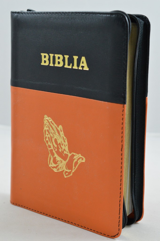 Biblia din piele, medie, negru/portocaliu , margini aurii, fermoar,  simbolul maini in ruga, cuv. lui Isus cu rosu [052]