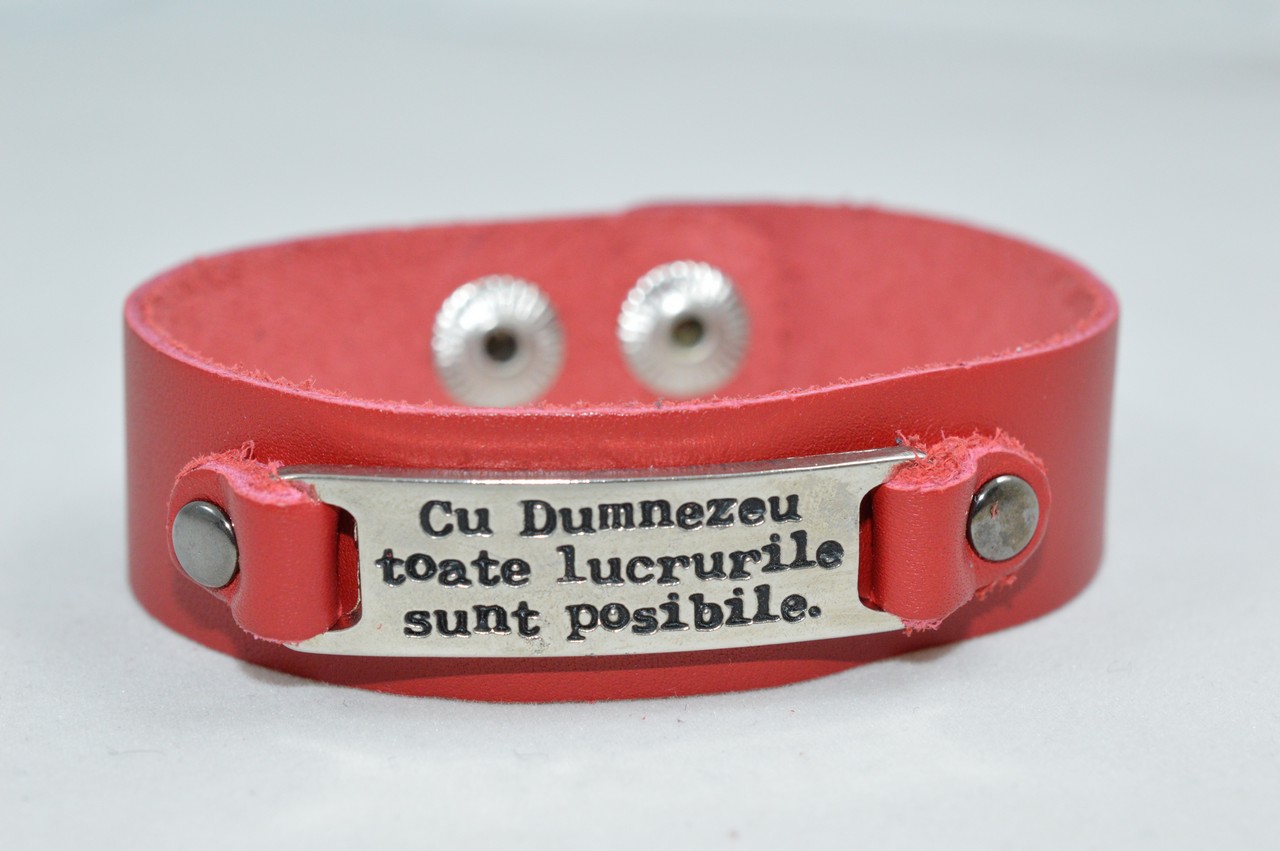 Bratara din piele naturala, rosie - Cu Dumnezeu toate lucrurile sunt posibile Bratara din piele naturala, rosie - Cu Dumnezeu toate lucrurile sunt posibile
