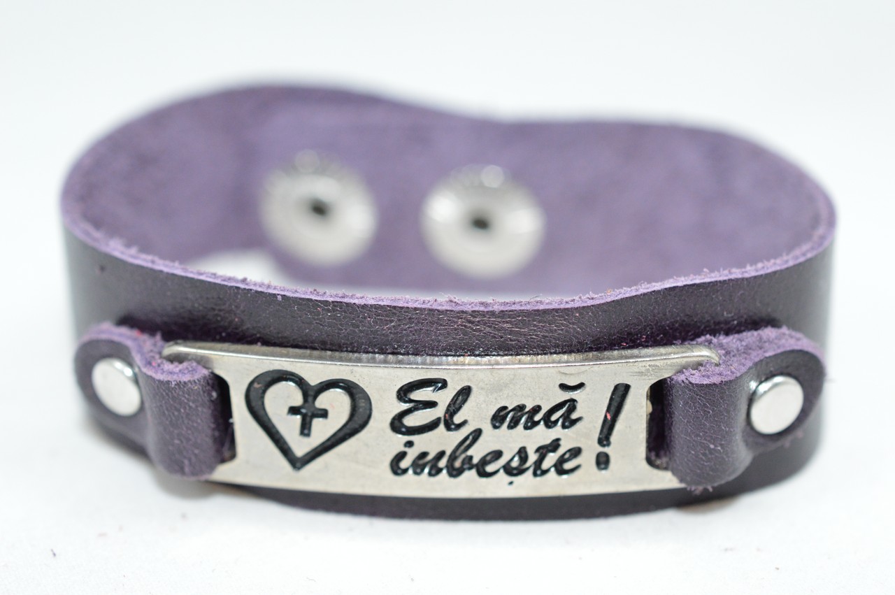 Bratara din piele naturala, mov inchis - El ma iubeste!