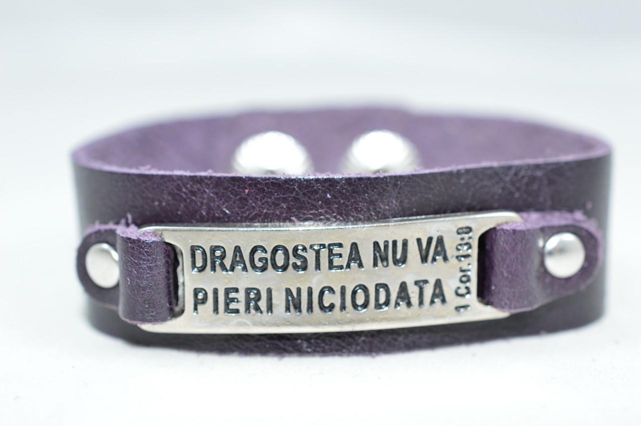 Bratara din piele naturala, mov inchis - Dragostea nu va pieri niciodata