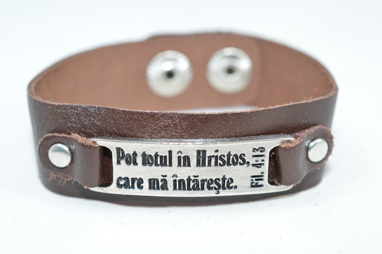 Bratara din piele naturala maro - Pot totul in Hristos care ma intareste. Bratara din piele naturala maro - Pot totul in Hristos care ma intareste.