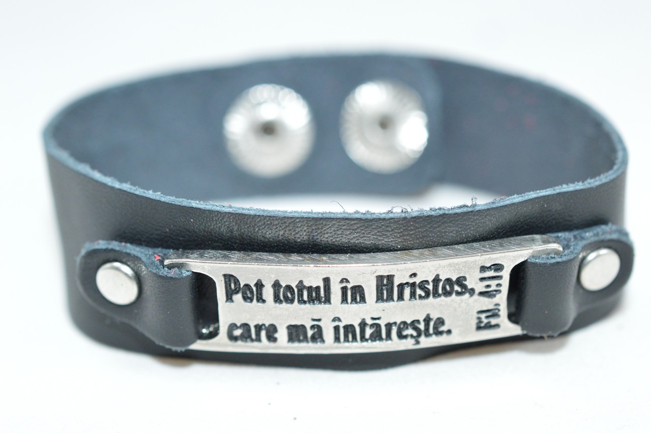 Bratara din piele naturala, neagra - Pot totul in Hristos care ma intareste. Bratara din piele naturala, neagra - Pot totul in Hristos care ma intareste.