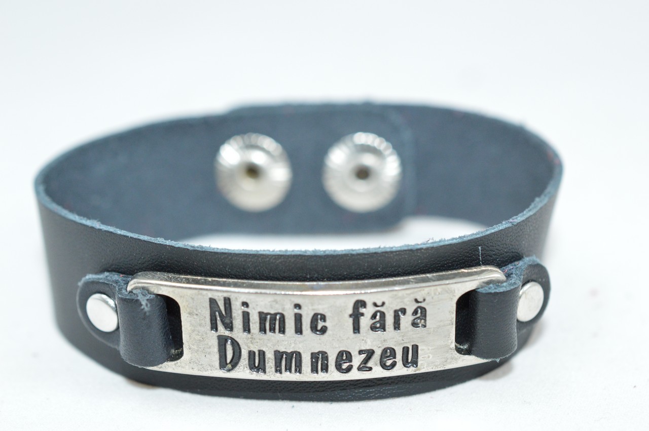 Bratara din piele naturala, neagra - Nimic fara Dumnezeu