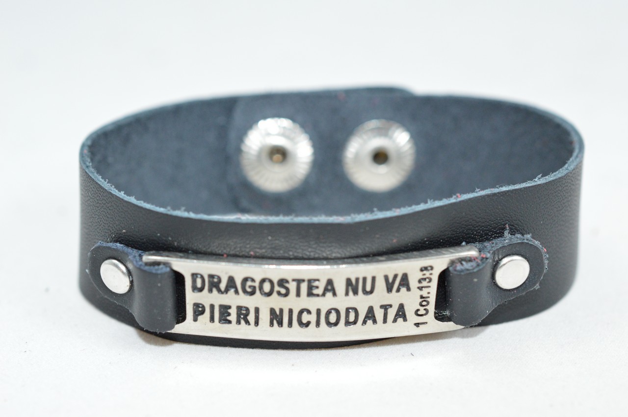 Bratara din piele naturala, neagra - Dragostea nu va pieri niciodata. Bratara din piele naturala, neagra - Dragostea nu va pieri niciodata.