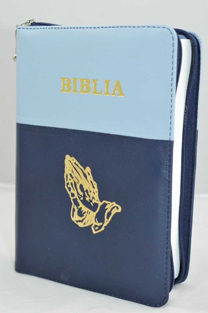 Biblia din piele, marime medie, bleumarin deschis cu bleumarin inchis, fermoar, simbol maini, cuv. lui Isus cu rosu [053]