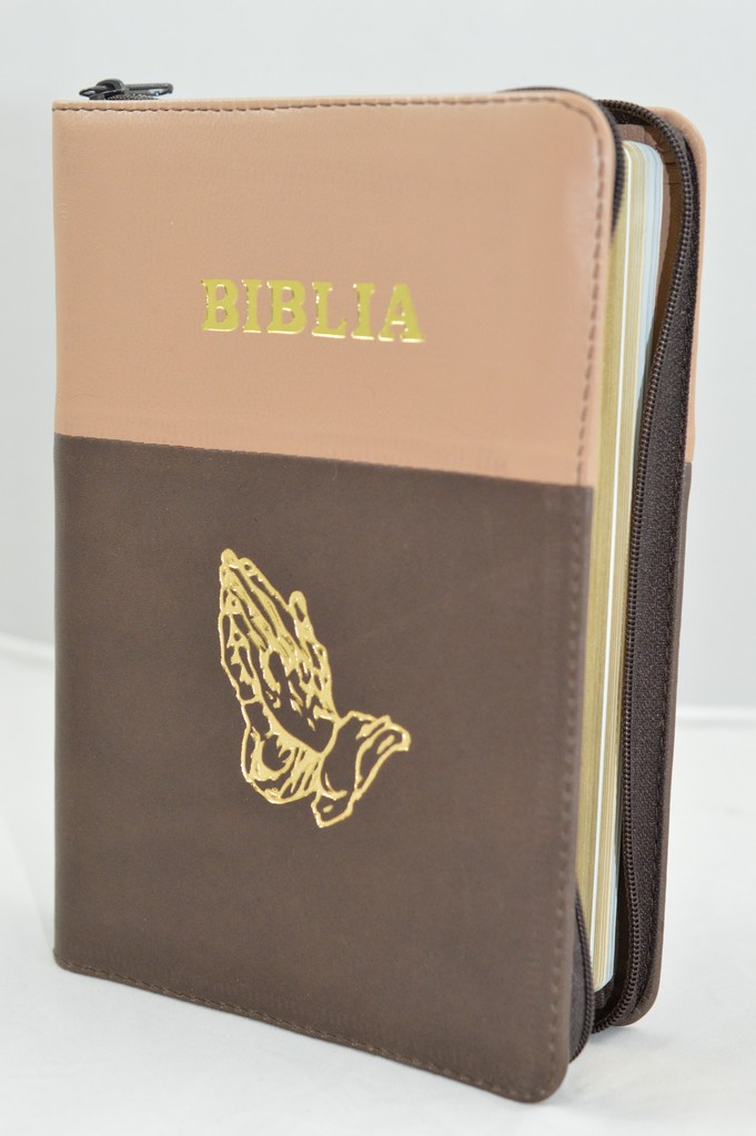 Biblia din piele, medie, nuanta maro cu maro inchis, margini aurii, fermoar,  simbolul maini in ruga, cuv. lui Isus cu rosu [052]