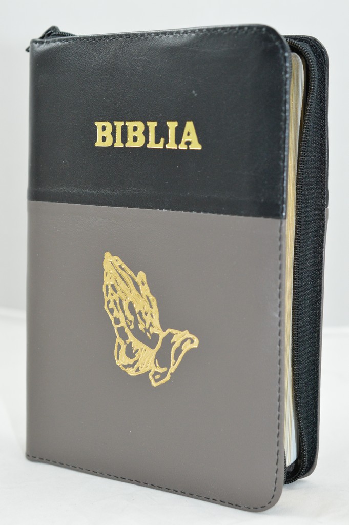 Biblia din piele, medie, negru cu nuanta gri , margini aurii, fermoar,  simbolul maini in ruga, cuv. lui Isus cu rosu [052]