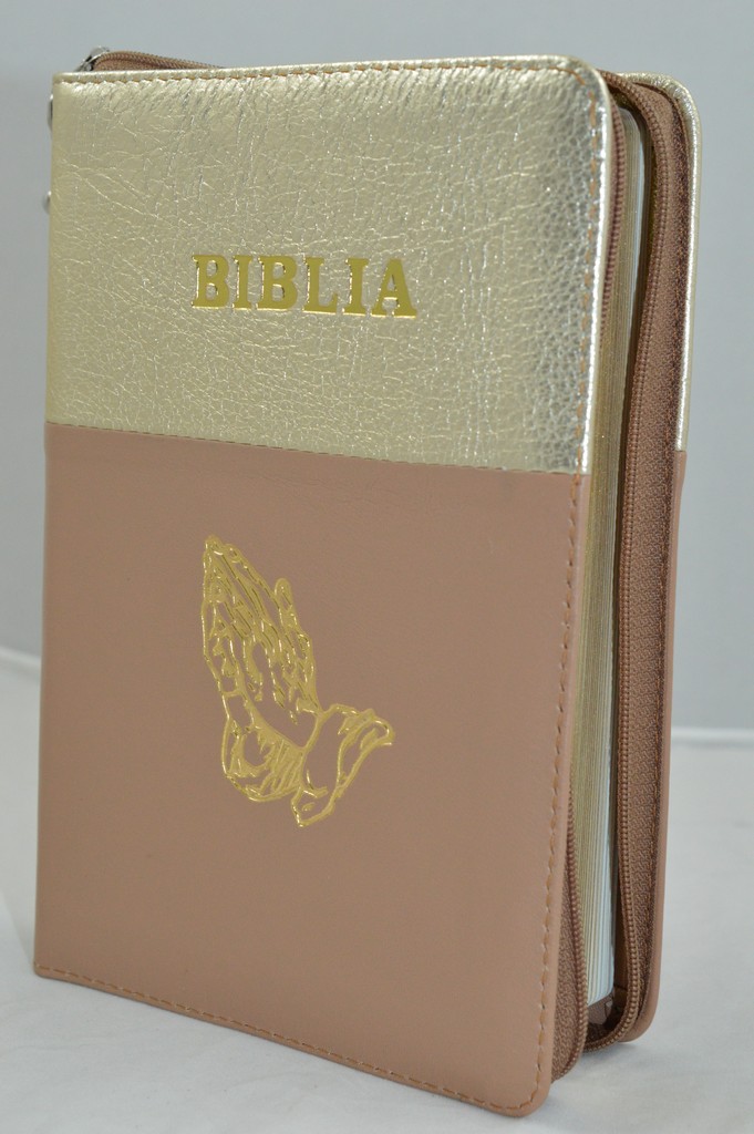 Biblia din piele, medie, auriu cu nuanta maro, margini aurii, fermoar,  simbolul maini in ruga, cuv. lui Isus cu rosu [052]