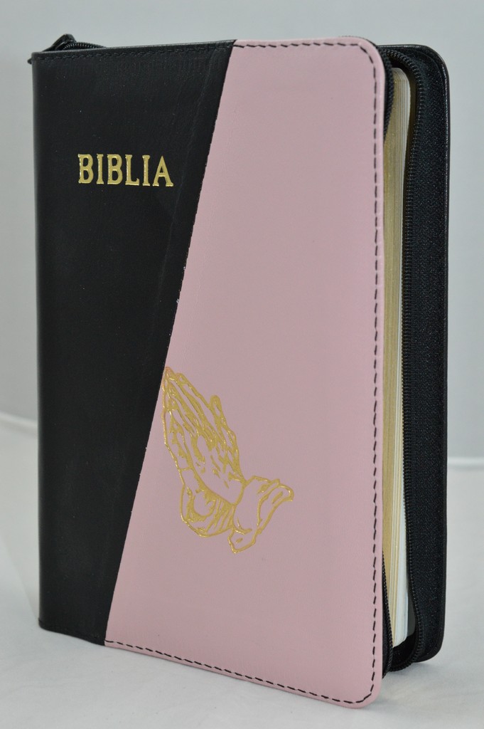 Biblia din piele, marime medie, negru cu nuanta roz , margini aurii, fermoar, simbol maini in ruga, cuv. lui Isus cu rosu [052]