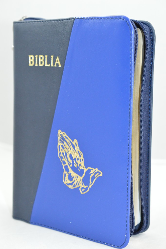 Biblia din piele, marime medie, bleumarin inchis cu bleumarin , margini aurii, fermoar, simbol maini in ruga, cuv. lui Isus cu rosu [052]