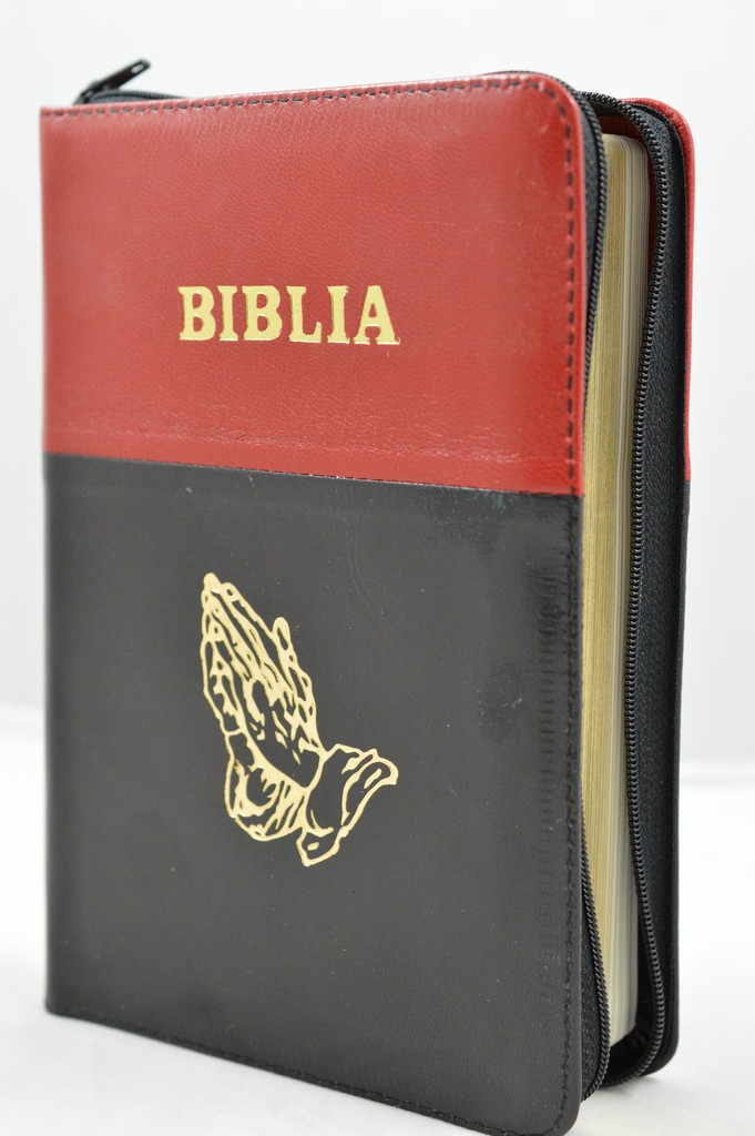 Biblia din piele, medie, rosu cu negru, margini aurii, fermoar,  simbolul maini in ruga, cuv. lui Isus cu rosu [052]