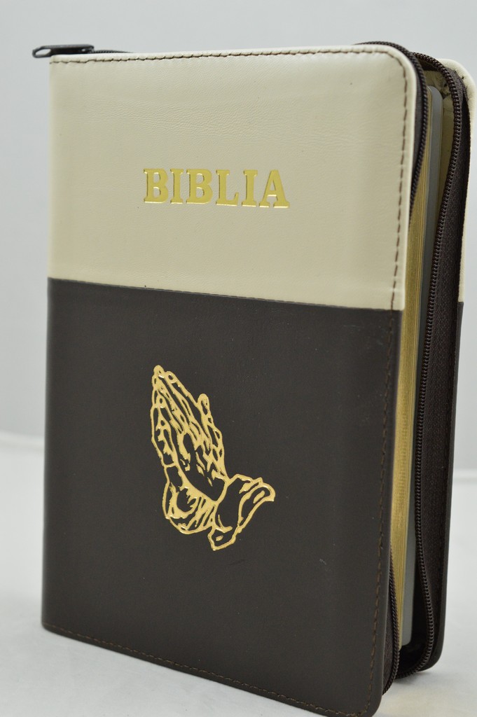 Biblia din piele, medie, crem cu maro inchis, margini aurii, fermoar,  simbolul maini in ruga, cuv. lui Isus cu rosu [052]