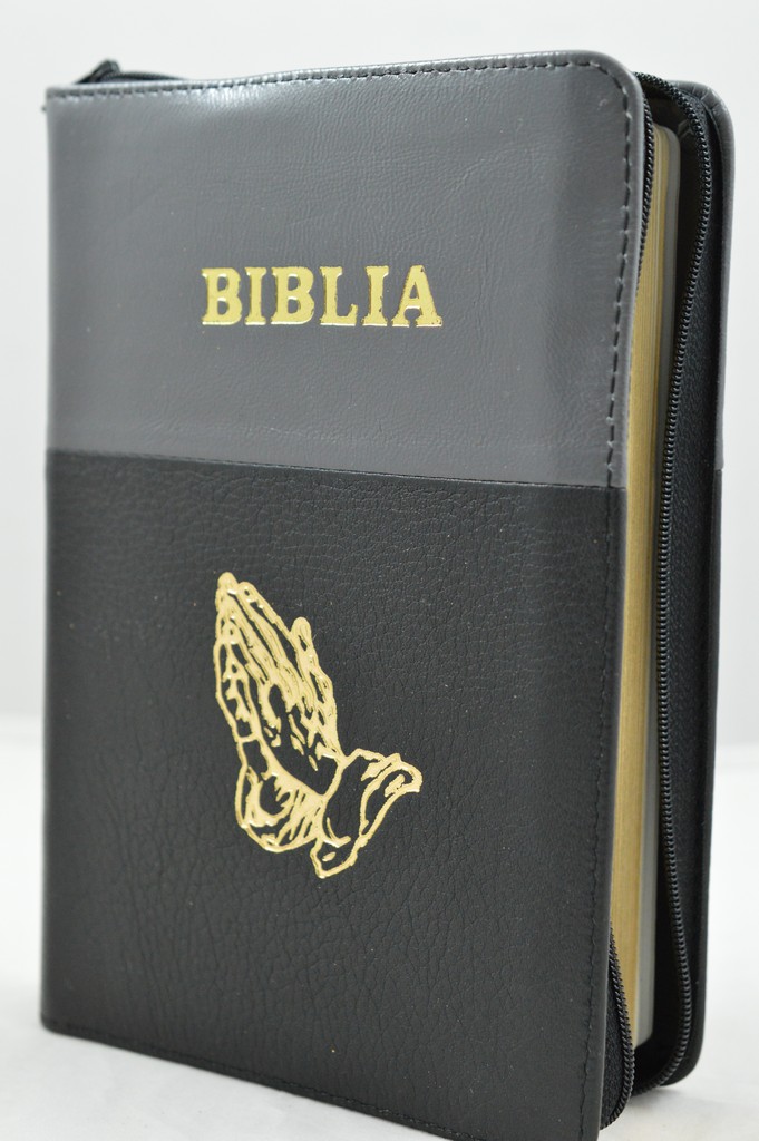Biblia din piele, medie, gri cu negru, margini aurii, fermoar,  simbolul maini in ruga, cuv. lui Isus cu rosu [052]