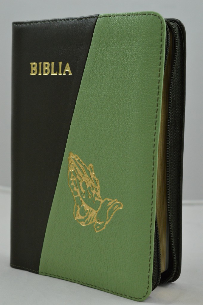 Biblia din piele, marime medie, verde inchis / nuanta turcoaz , margini aurii, fermoar, simbol maini in ruga, cuv. lui Isus cu rosu [052]