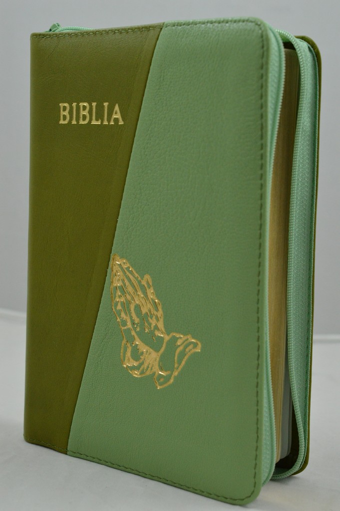 Biblia din piele, marime medie, verde / nuanta turcoaz , margini aurii, fermoar, simbol maini in ruga, cuv. lui Isus cu rosu [052]