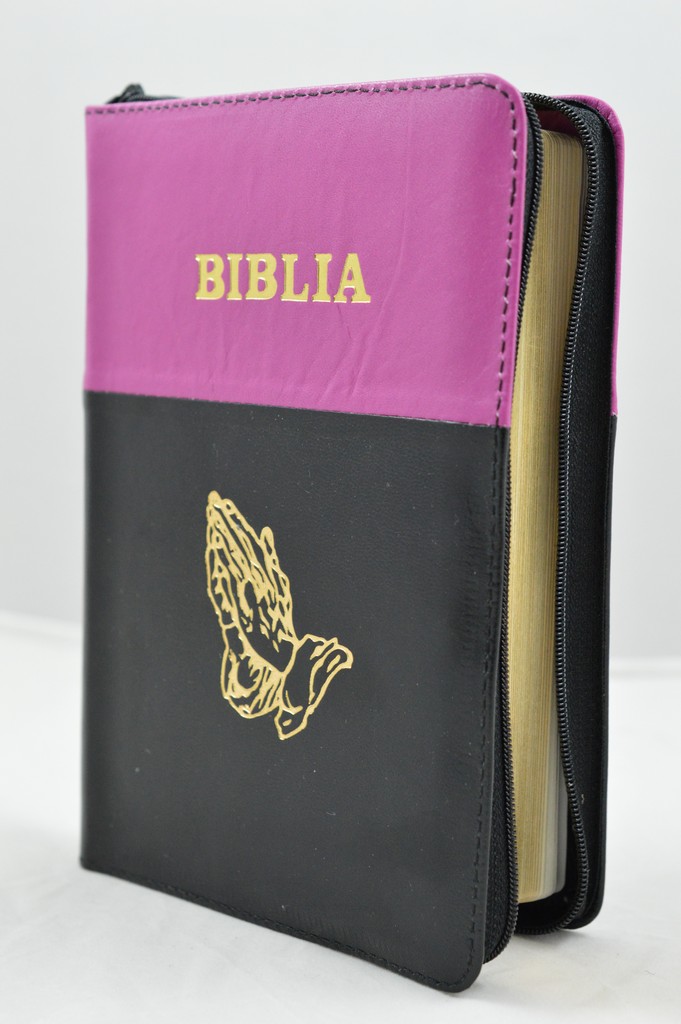 Biblia din piele, medie, roz - violet cu negru, margini aurii, fermoar,  simbolul maini in ruga, cuv. lui Isus cu rosu [052]