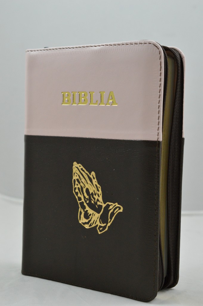 Biblia din piele, medie, roz pal cu maro inchis, margini aurii, fermoar,  simbolul maini in ruga, cuv. lui Isus cu rosu [052]