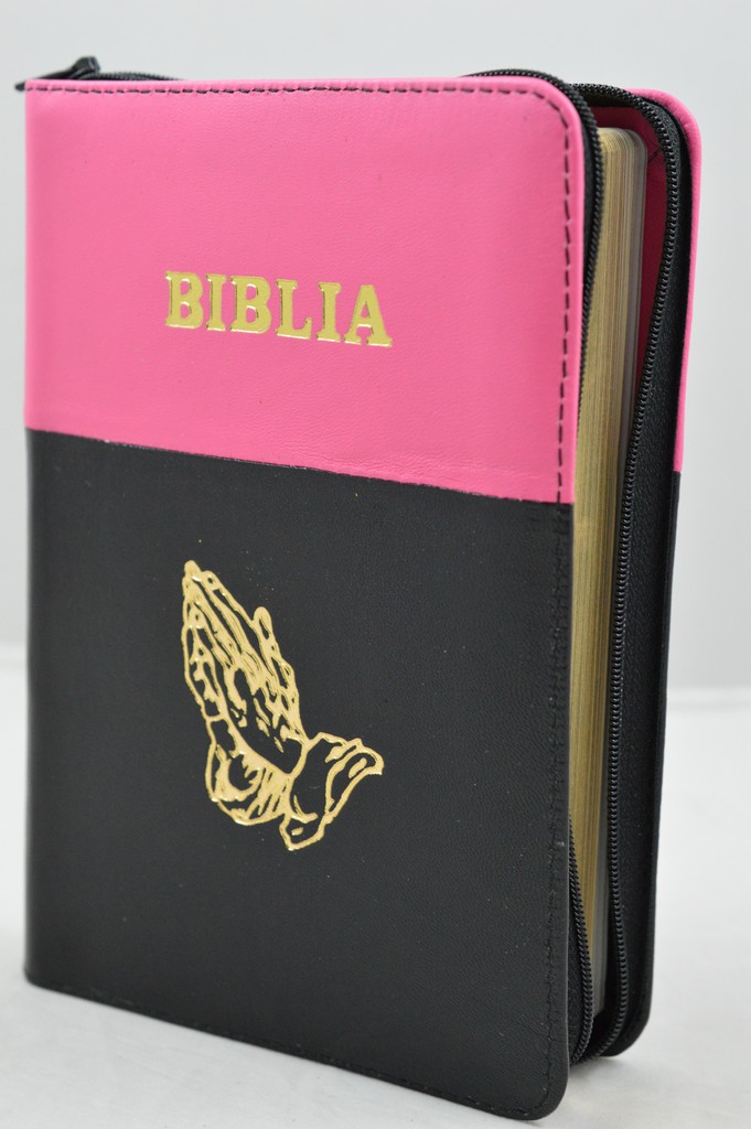 Biblie din piele, marime medie, culoare roz bombon cu negru , simbol maini in rugaciune, fermoar, index, margini aurii, [SB 057 PFI]