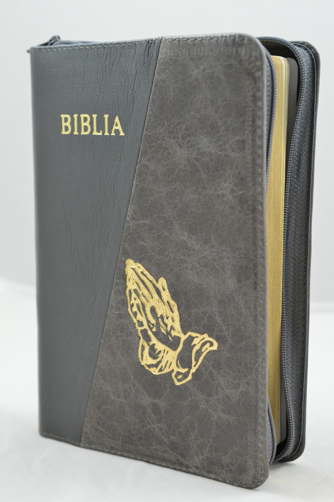 Biblia din piele, marime medie, gri / nuanta gri , margini aurii, fermoar, simbol maini in ruga, cuv. lui Isus cu rosu [052]